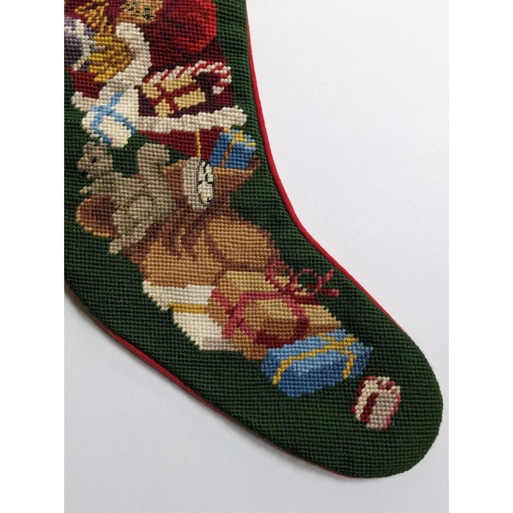 Vintage Needlepoint Christmas Stocking Santa‎ Toys Wool Front Red Flannel Back